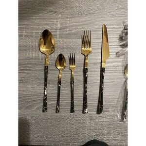 20 Piece Faux Black Marbled Handles & Gold Stainless Steel Silverware Set